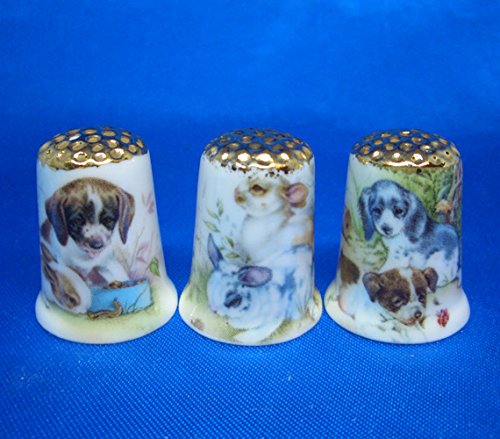 Birchcroft Porcelain China Collectable Thimbles - Set of Three Gold Puppies