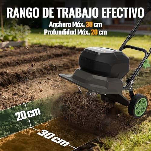 X Motoazada Eléctrica a Batería 40V con 2×4,0Ah, Cultivador de Jardín Inalámbrico, Ancho de Trabajo 30 cm, Profundidad 20 cm, Ruedas Ajustables, Mango Plegable