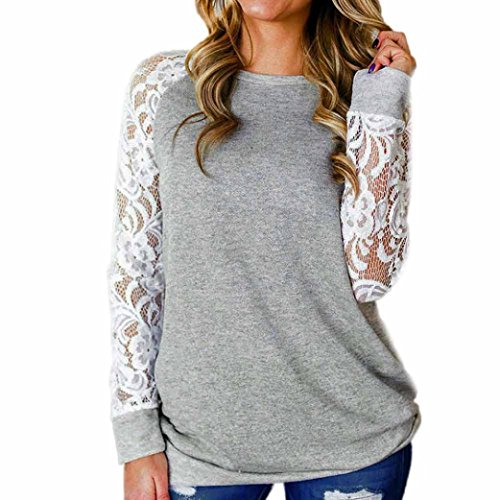 Lace Tops For Women,Toponly Women's Lace Floral Splicing T-Shirt Long Sleeve O-Neck Blouse Tops (Fashion Gray, M) - Thumbnail 5