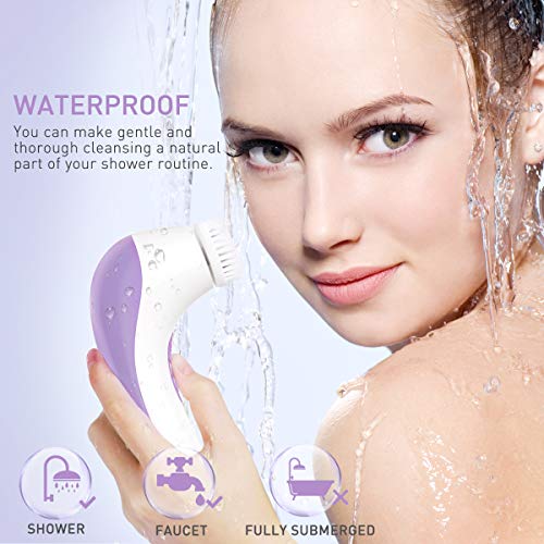 【2019 Upgraded】ETEREAUTY Facial Cleansing Brush, Waterproof Face Brush with 4 Brush Heads and a Protective Travel Case - Deep Cleansing, Gentle Exfoliating, Removing Blackhead for Face, Purple