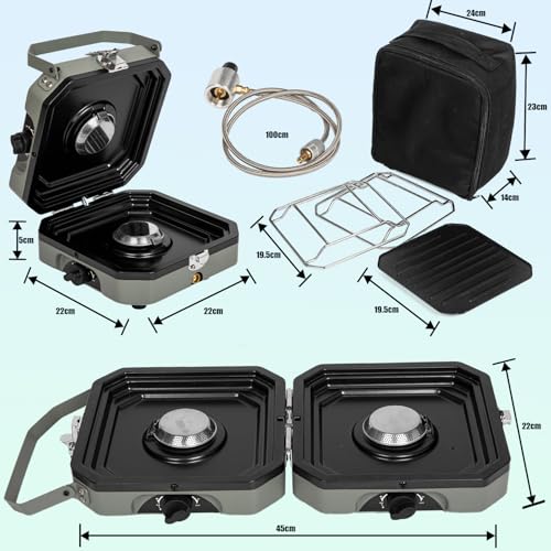 2 Burner Propane Camping Stove with Grill, 14000 BTU Portable Foldable Camp Stove with Steel Braided Hose and Carrying Bag, Adjustable Burners, Suitable for Backyard BBQs Camping and Outdoor Cooking