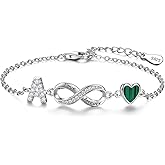 ChenYuTe 925 Sterling Silver Adjustable Letter Bracelets Infinity Heart Emerald Charm Link Bracelet ,Personalized Charm Alphabet Jewelry Valentines Christmas Mother’s Day Birthday Gifts