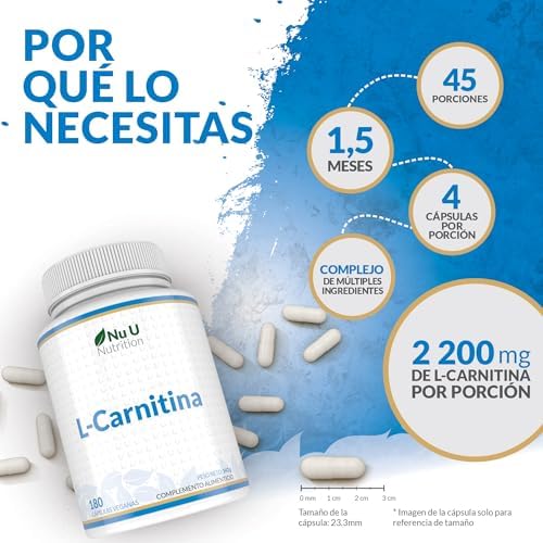 L-Carnitina 2200mg - 180 Cápsulas Veganas de Alta Potencia - Con riboflavina, biotina, cromo, vitamina D, B3 y B6 - Tartrato de L-Carnitina - Fabricado en Europa - Nu U Nutrition