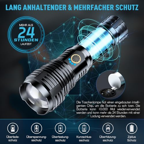 Glarylight XHP70.2 LED Rechargeable Torch 600,000 Lumens Extremely Bright XHP70.2 Torches Battery USB Strong Torch IPX7 Waterproof Zoomable Flashlight for Outdoor Emergencies