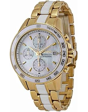 Seiko Sportura Chronograph Mother of Pearl Dial Gold-tone and White Ceramic Mens Watch SNDX02P1