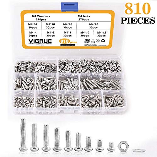 VIGRUE 810 Pcs M4 Screw Assortment Kit 304 Stainless Steel Bolts Nuts