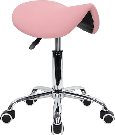 KKTONER Rolling Saddle Stool PU Leather Swivel Pink Adjustable Chair