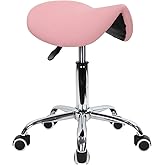 KKTONER Rolling Saddle Stool PU Leather Swivel Adjustable Rolling Stool with Wheels Salon Chair (Pink)