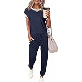 Dokotoo Women's 2 Piece Outfits Sweatsuit Colorblock Comfy Lounge Sets Knit Short Sleeve Jogger Sweatpants Tracksuits