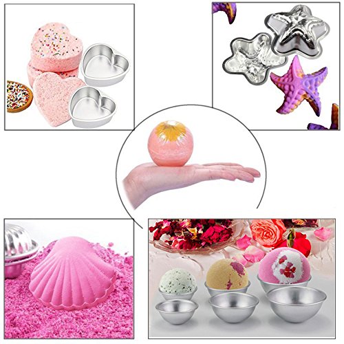 Bath Bomb DIY Kit,12PC Multi-shape Aluminum Molds(6 Hemispheres,2 tarfish,2 Heart,2 Shell),1x Powder Tamper,1 Set of Measuring Spoon,100x Wrapping Paper,50 Shrink Wrap Bag Crafting Starter Metal Set - Thumbnail 4