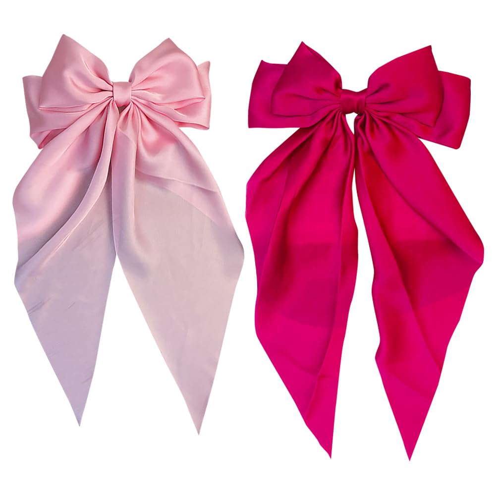 JIHUOO 2 Pcs Big Satin Hair Bow Clips Large Layered Hair Bows Ribbon Hair Barrettes Soft French Hair Bows Ribbon Bowknot Hair Clips for Girls Women Pink and Hot Pink โ image 1