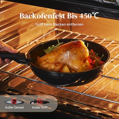 Redchef Pan Set, 16 Pieces with Removable Handles, Non-Stick Ceramic Cookware Set, Pan 20 + 26 cm, Deep Frying Pan 26 cm, Pot 18 + 20 cm, Stackable Pot Set for All Hobs, Oven Safe