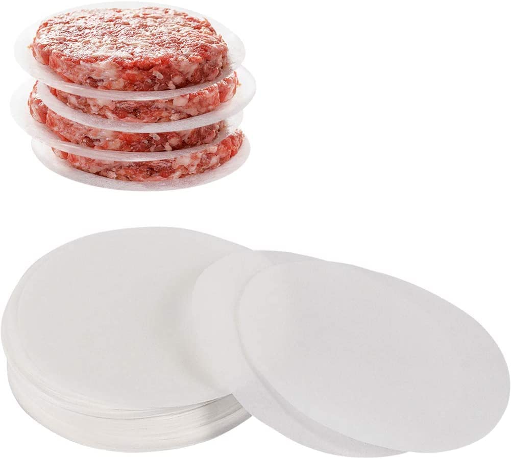 YQL 200pcs Burger Paper Sheets 14cm, 5.5 inches Non Stick Wax Discs Precut Parchment Paper Round, Water-Proof & Oil-Proof, Hamburger Patty Papers for Burger Press Patty Separate Cake Baking Freezing