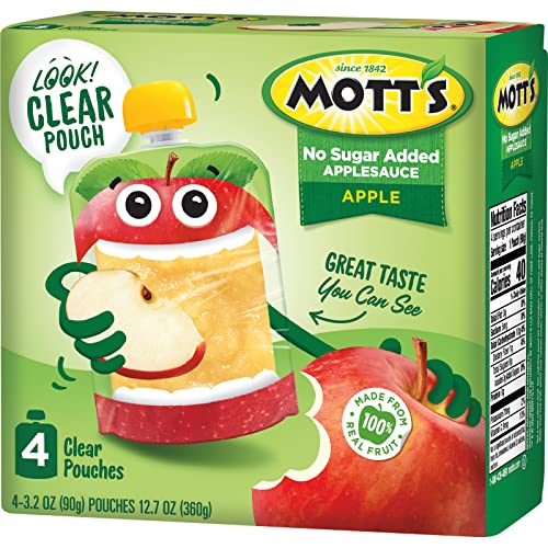 MOTT’S NO SUGAR ADDED APPLESAUCE, 3.2 OZ CLEAR POUCHES, 4 COUNT