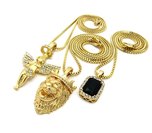 Micro Colorful Gemstone, Angle, Lion Pendant 24",30" Box Chain 3 Necklace Set Gold Tone RC1413G (Black)