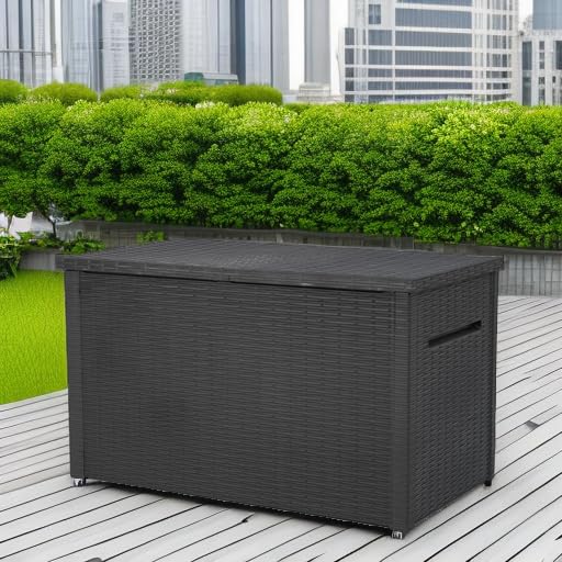 KETER JAVA XXL 230 GALLON RESIN RATTAN LOOK LARGE OUTDOOR STORAGE DECK BOX FOR PATIO FURNITURE CUSHIONS, POOL TOYS, AND GARDEN TOOLS, DARK GREY