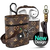 Airpods Leather Case with Lanyard Strap Keychain Clip, Jansae Original Design Cute Airpod Accessories Kits Compatible Apple Airpods 1/2 Wireless Charging Case (Brown/Flower)