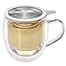 Teabloom Double-Wall Borosilicate Glass Mug with Stainless Steel Infuser and Lid – 15 OZ / 430 ML – 2 Gourmet Tea Flowers Included – Available in 4 Colors