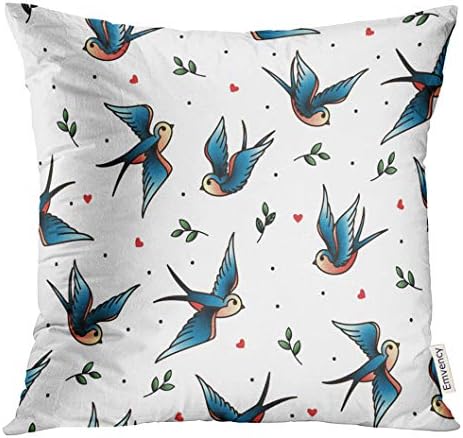 UPOOS Throw Pillow Cover Blue Bird Old School Tattoo with Swallows Twig Heart Valentine's Day or Wedding Designs for Phone Black Decorative Pillow Case Home Decor Square 18x18 Inches Pillowcase