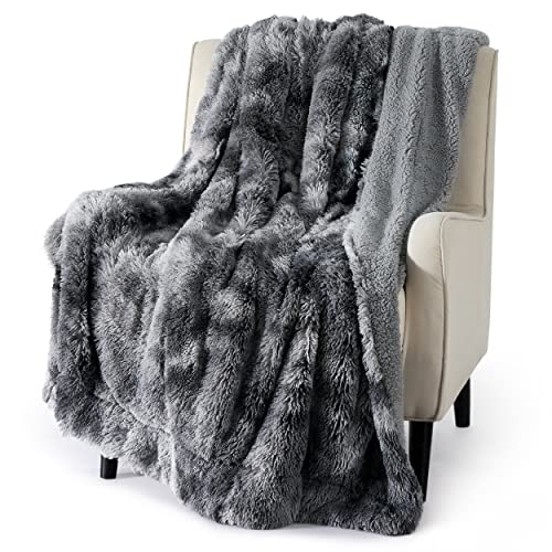 Bedsure Faux Fur Throw Blanket Tie Dye Grey Fuzzy, Fluffy, and Shaggy