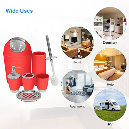 Red Bathroom Accessories Set 6 Pieces Plastic Bathroom Accessories Toothbrush Holder, Rinse Cup, Soap Dish, Hand Sanitizer Bottle, Waste Bin, Toilet Brush with Holder