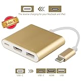 USB-C To HDMI Adapter,ProCIV Type-C 3in1 USB 3.1 USB-C to USB 3.0/4Kx2K HDMI/ Type C Female Charger Adapter for 2015 Macbook 12in,Google Chromebook Pixel and other Type C devices(Gold)