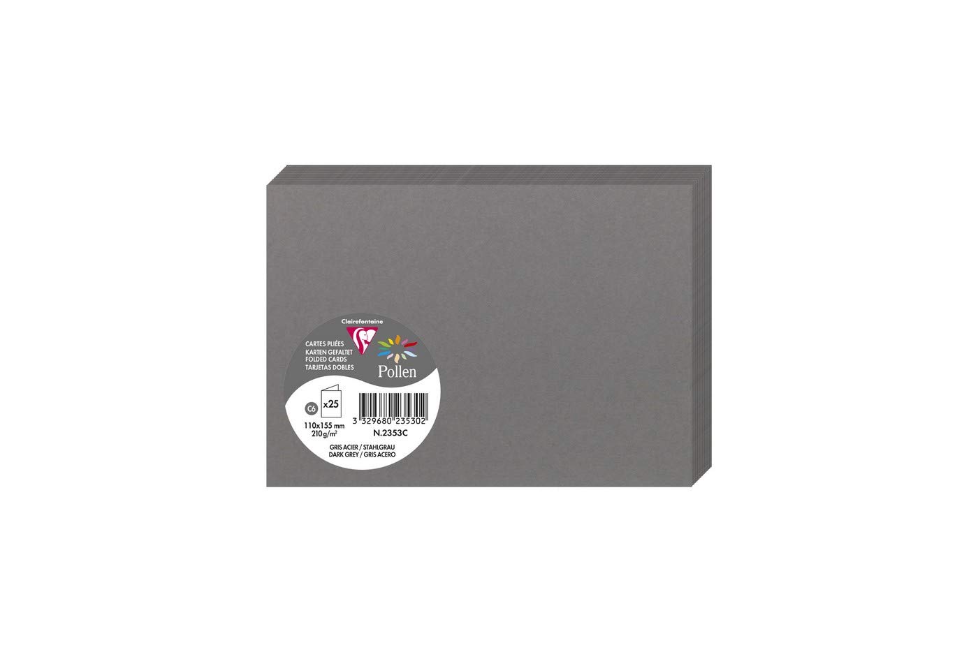 Clairefontaine 2353C Pack of 25 Double Cards Format C6 11x15,5cm 210gsm Dark Grey Event Correspondence Invitation Board Pollen Range - Smooth Premium Paper