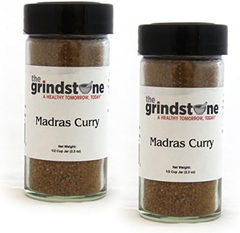 The Grindstone | MADRAS CURRY POWDER | Spices of the World | Non GMO | Hand Blended Spices | 1/2 Cup Size | 2.50 oz. Glass Bottle with Sifter | (Pack of 2)