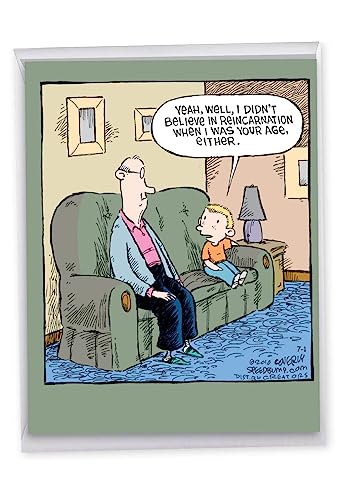 Reincarnation - Sweet Happy Birthday Card with Envelope (Extra Large 8.5 x 11 Inch) - Notecard for Grandpa, Great Uncle, Senior Citizen - Bday Stationery Card from Kids, Caricature Design J2671BDG