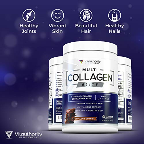 Multi Collagen Elite Chocolate Brownie Collagen Protein Powder: Multiple Source Grass-Fed Hydrolyzed Collagen Peptides with Vitamin C and Hyaluronic Acid, Types I II III V X, Anti-Aging Powder, 30srv - Thumbnail 2