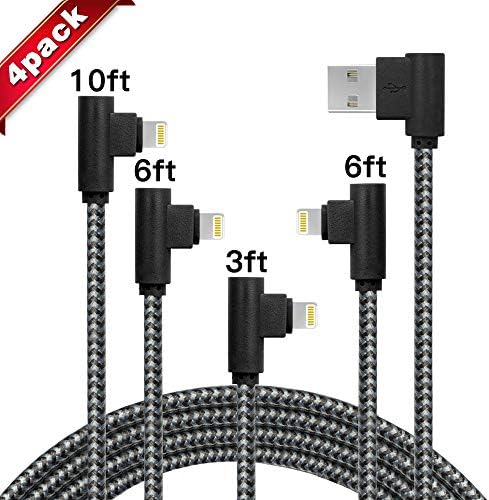 4-Pack iPhone Charger Fast Charging Cord 90 Degree Data Cable Compatible with iPhone 11/ Pro/Xs/XS Max/XR/X / 8/8 Plus / 7/7 Plus/iPad and More (Black Gray)