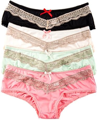 4 or 6 Pack Juniors Micro Fiber Soft Fabric with Lace Trim Panties (Medium, 4PK:Tan/Black/Coral/Mint)