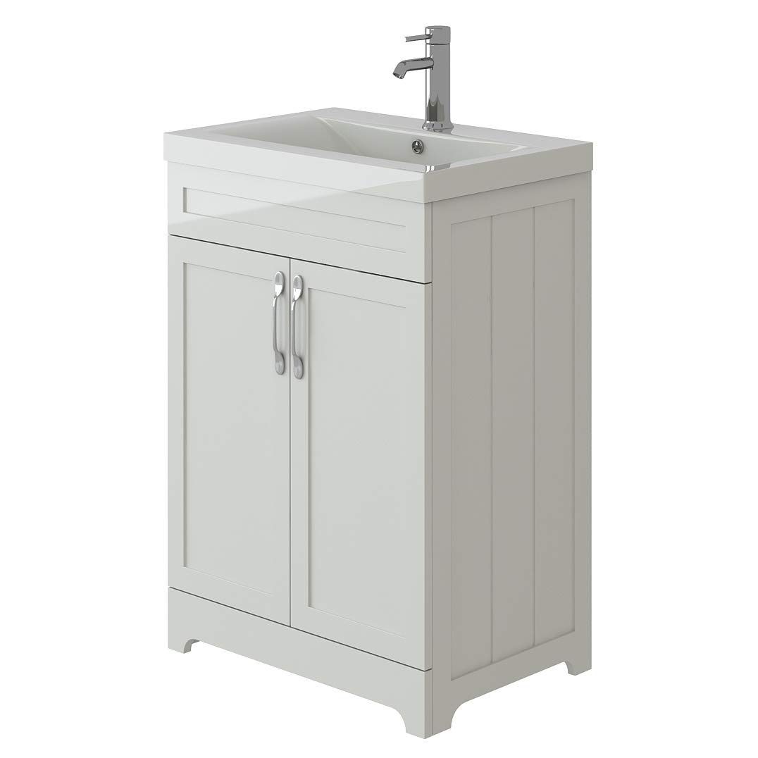 VeeBath Carlton Traditional Victorian Style High Gloss White Vanity Basin Cabinet Furniture Unit & Basin - 600mm