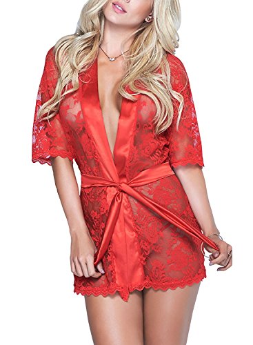 JuicyRose Lace Kimono Robe Sexy Lingerie Nightgown Satin Transparent Nightwear (US L=Tag XL, Red)
