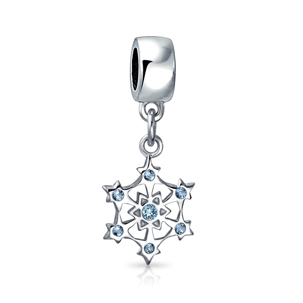 Bling Jewelry Frozen Winter Holiday Party Aqua Ice Blue CZ Christmas Snowflake Charm Bead For Teen For Women .925 Sterling Silver For European Bracelet
