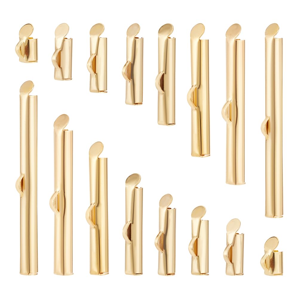 BENECREAT 56pcs 8 Sizes 18K Gold Plated Stainless Steel Slide On End Clasp Tubes Slider End Caps Clasps Slider Clasp Jewelry Accessories for Bracelet Earrings, Jewelry Making