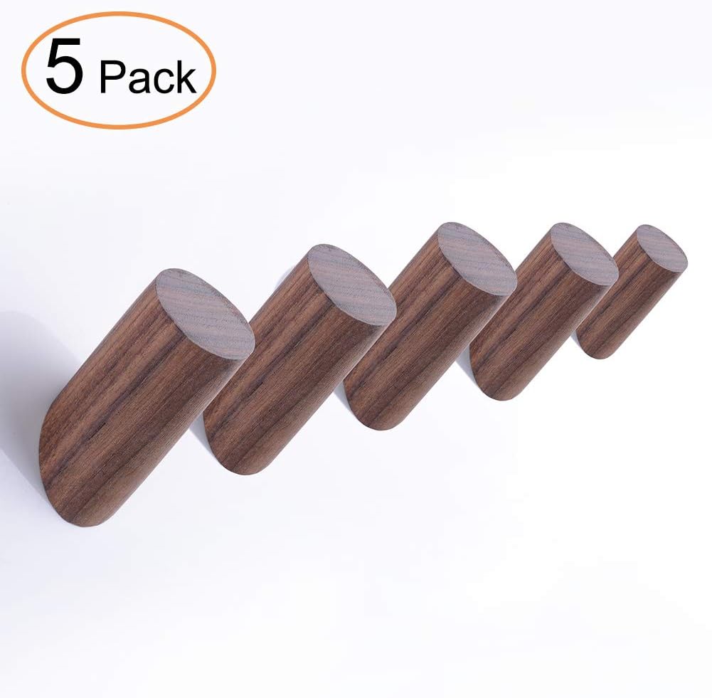 5-Pack Natural Wooden Coat Hooks,Wall Mounted Vintage Single Organizer Hangers, Handmade Craft Hat Rack (Black Walnut)