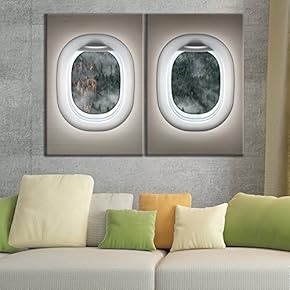 2 Panel Canvas Wall Art - Brown Plane Window Seat Over Misty Forest - Giclee Print Gallery Wrap Modern Home Art Ready to Hang - 16"x24" x 2 Panels