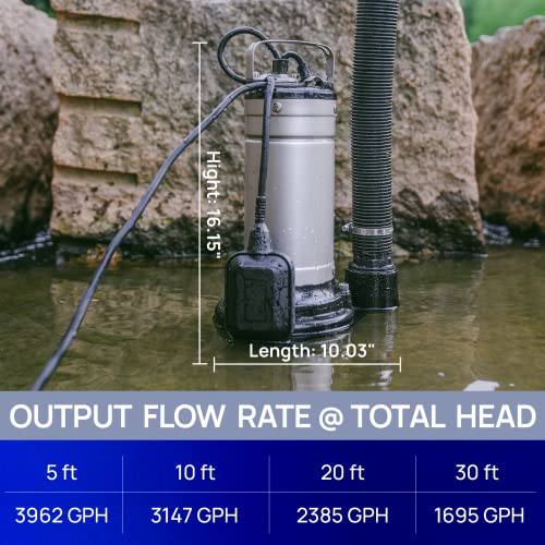 Aquastrong 1HP Sewage Grinder Pump, Stainless Steel, 115V Automatic Float Switch, Cast Iron Impeller, Submersible Effluent/Sewage Pump for Sump Basin, Basement 2'' NPT Discharge, Gray