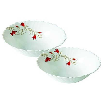Larah by Borosil Red Lily (LH) Opalware Multipurpose Bowl Set, Set of 2, White