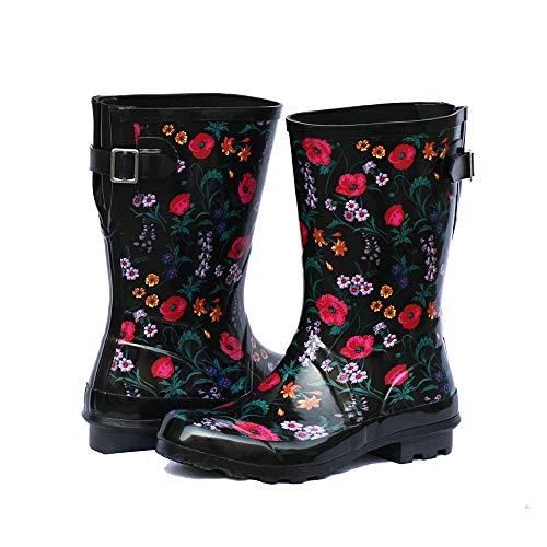 Z. Emma Women's Adjustable Buckle Outdoor Slip Resistant Waterproof Printed Mid Calf Rain Boots Black 7
