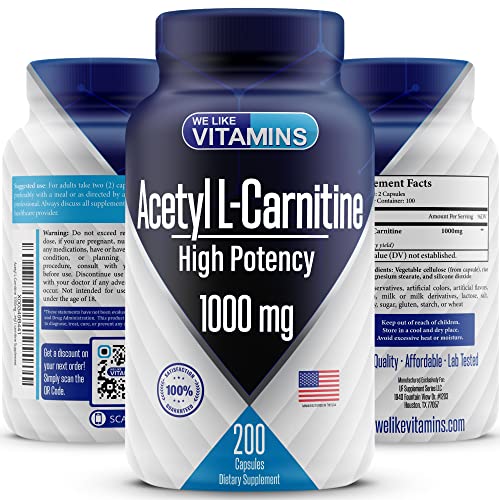 Acetyl LCarnitine 1000mg Capsules 200 Easy to Swallow Veggie