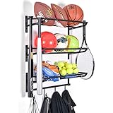 Sports Equipment Storage Rack for Baseball/Basketball/Football/Badminton/Golf/Yoga/Exercise Balls - Four Badminton Tennis Hold - 3 Separate Storage Rack - 4 Hooks for Fences and Concrete