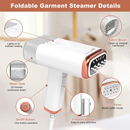 Foldable Handheld Steamer with Travel Case, 1000W 20S Fast Heat-up Portable Garment Steamer for Clothes with Brush, Clothing Steamer Iron Fabric Wrinkle Remover for Home Office Travel