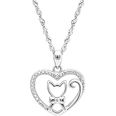 Cat Necklace for Women by Ginger Lyne | Sterling Silver Kitty with Bow Tie in Heart Pendant with Chain | Animal Pet Jewelry for Her