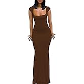 Womens Summer Cap Sleeve Square Neck Elegant Casual Lounge Bodycon Slim Maxi Evening Party Long Dress