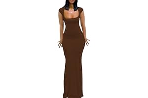 MOKAYEE Womens Summer Cap Sleeve Square Neck Elegant Casual Lounge Bodycon Slim Maxi Evening Party Long Dress
