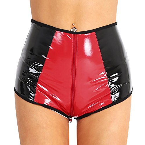 Agoky Women s PVC Leather Zipper Crotch Booty Shorts Hot Pants Rave Dance Festivals Costumes Black & Red Small (Waist 21.0")