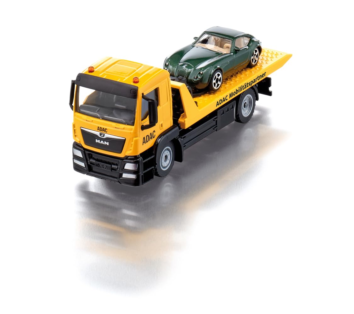 Siku 2722, MAN Abschleppwagen ADAC, Inkl. Abzuschleppendem Spielzeugauto, 1:55, Metall/Kunststoff, Gelb, Originalgetreue Funktionen, Ausziehbare Seilwinde, Kipp- und absenkbare Transportplattform