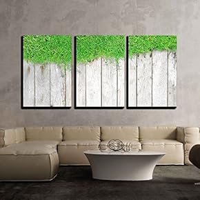 3 Piece Canvas Wall Art - Green Lawn and Wood Background - Modern Home Art Stretched and Framed Ready to Hang - 16"x24"x3 Panels
